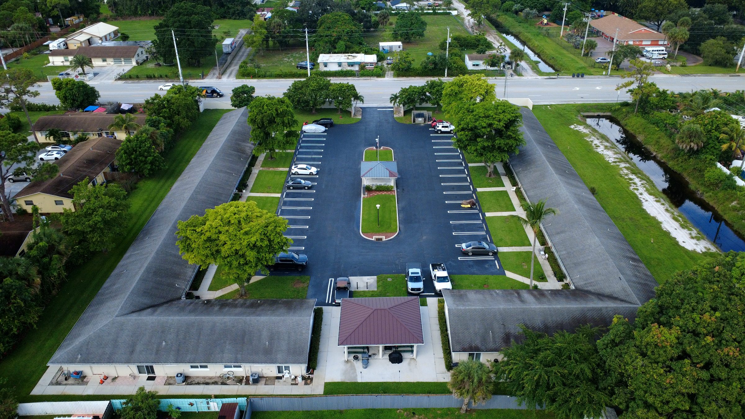 Aerial view looking across the Hamilton Campus courtyard toward the covered pavilion