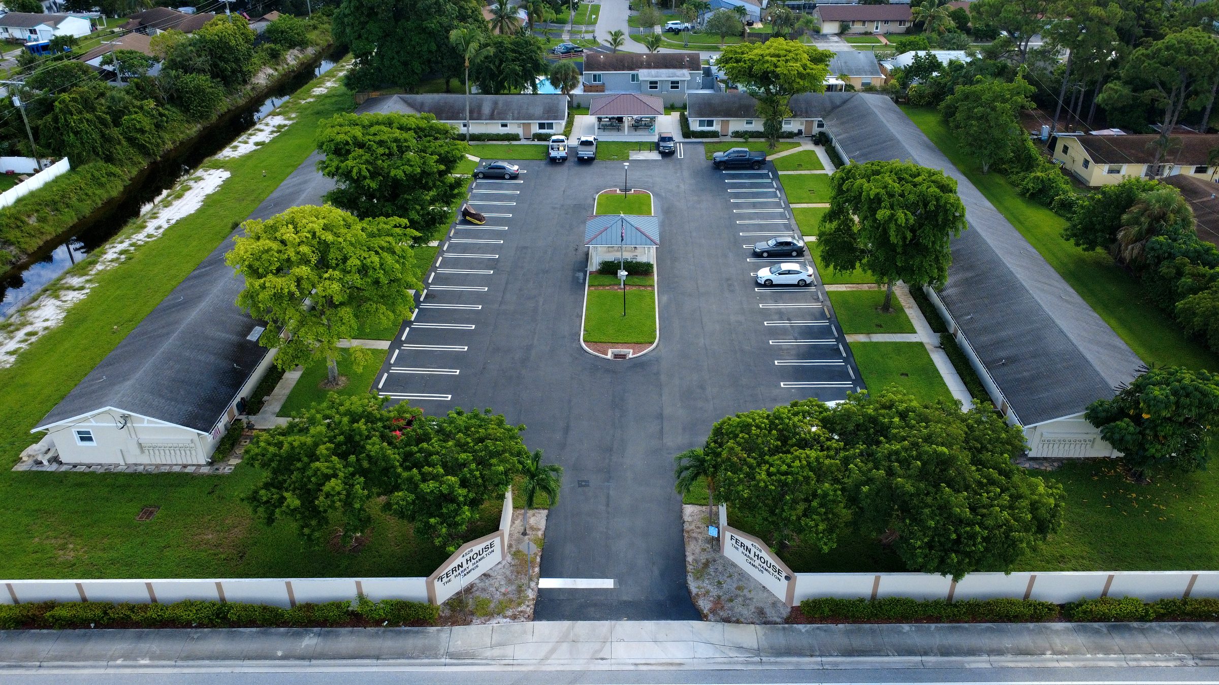 Aerial view of the Harry Hamilton Campus entrance and courtyard