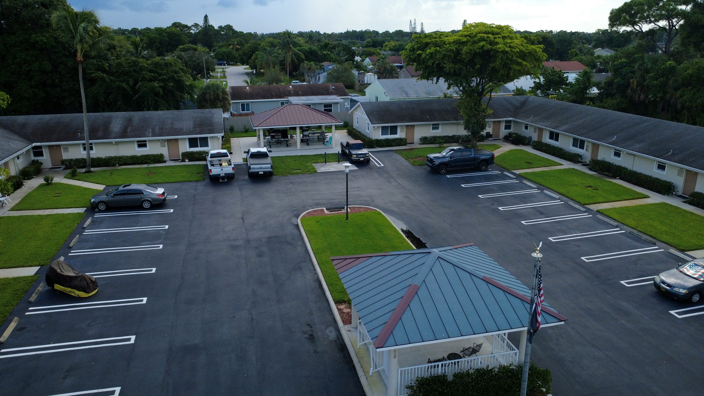 Aerial view of the flag gazebo and residence wings at the Hamilton Campus