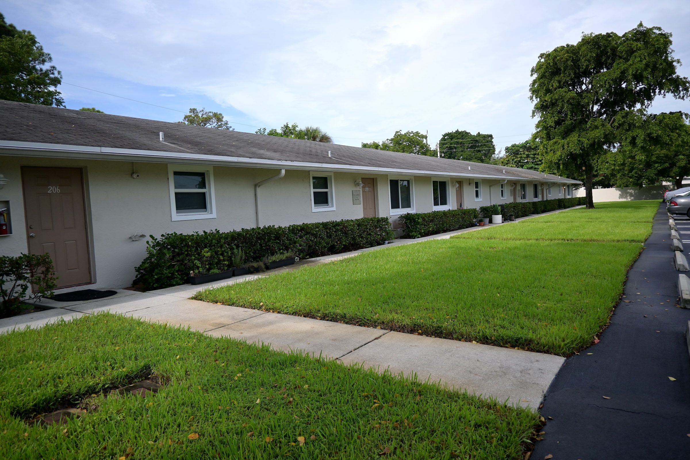 Lawns and walkways between the residence wings