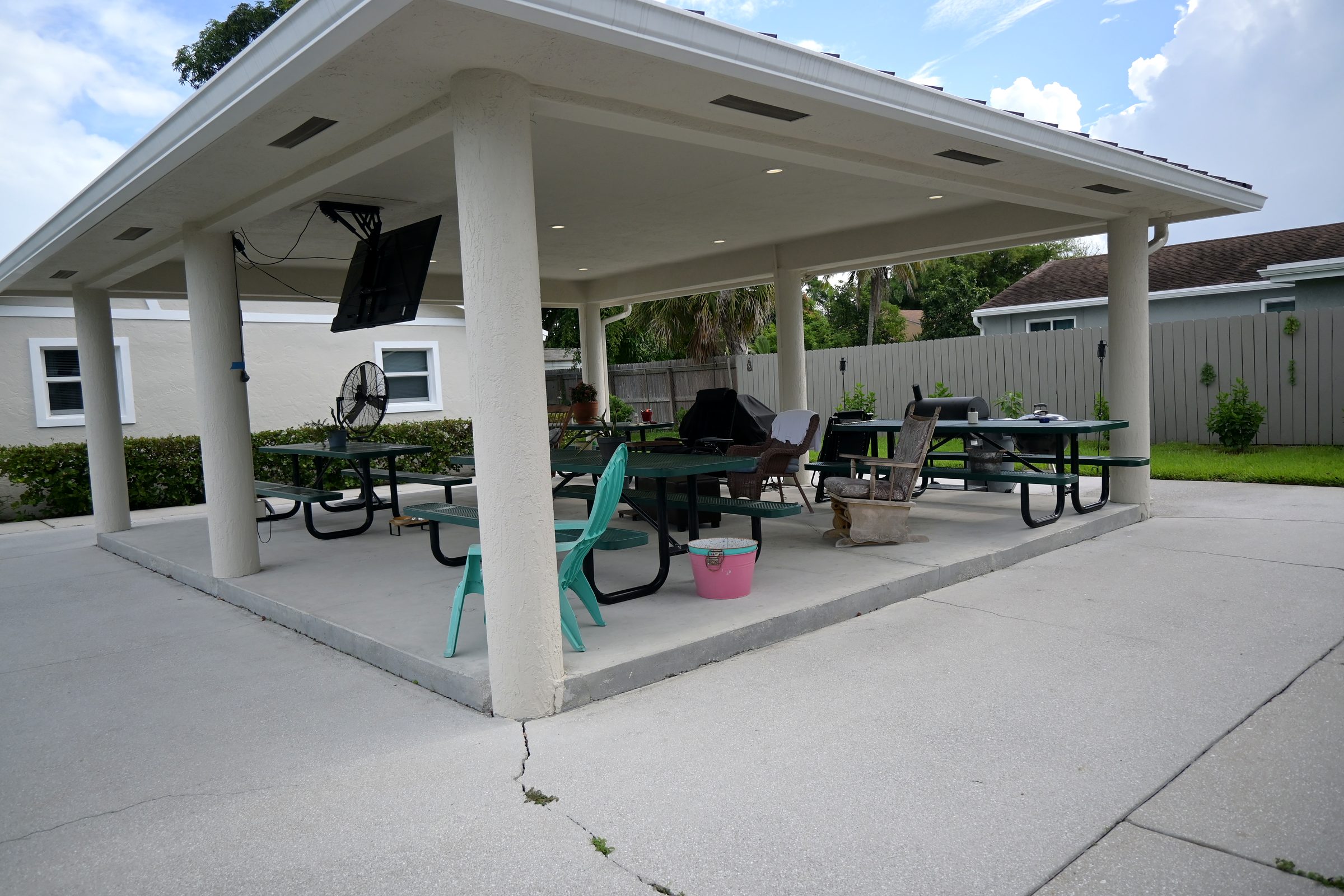 Covered pavilion with picnic tables for residents
